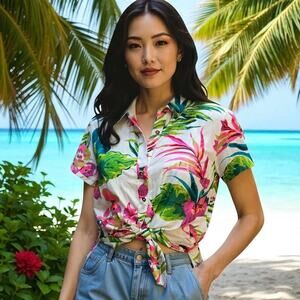 Billabong Crystal Waterfalls Sheer Button Down Shirt EUC Tropical